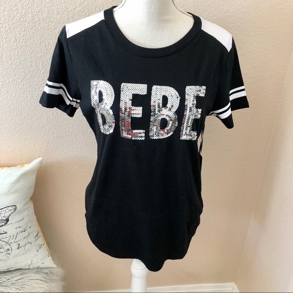 NWT Bebe Sport Top T-Shirt Logo Sequin Black med - Picture 2 of 6